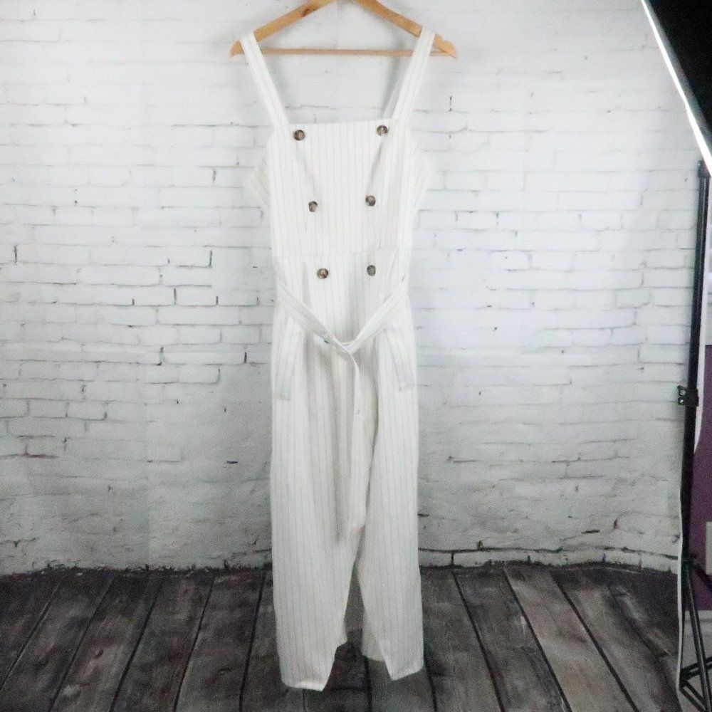 MISGUIDED WHITE WITH BLACK STRIPE SLEEVELESS BELTED MIDI DRESS SIZE 10